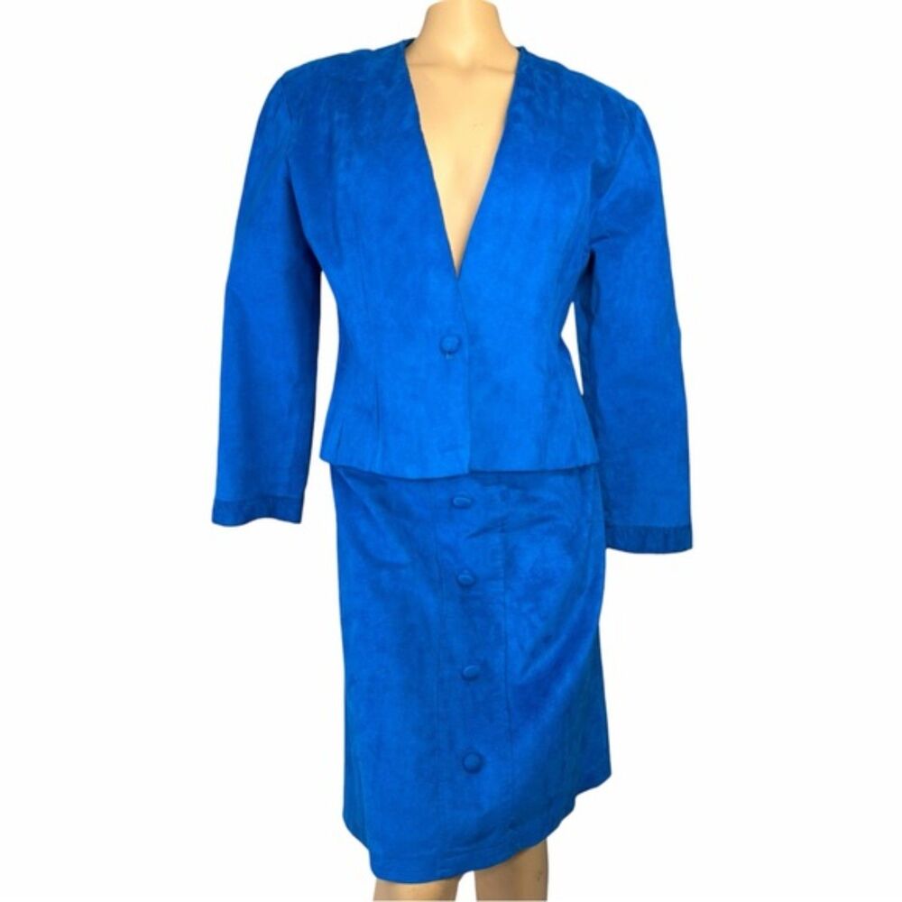 Vintage 80s Royal Blue Faux Suede Skirt Suit